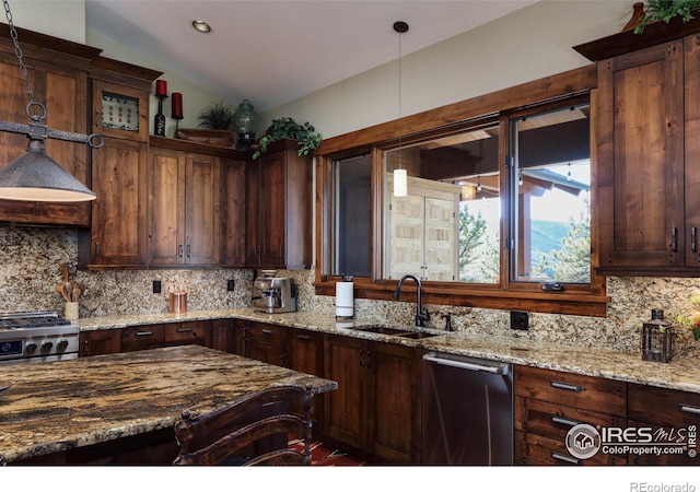 kitchen with lofted ceiling, sink, light stone counters, range, and dishwasher