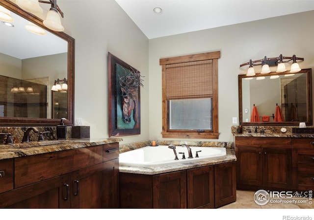 bathroom with vanity and separate shower and tub