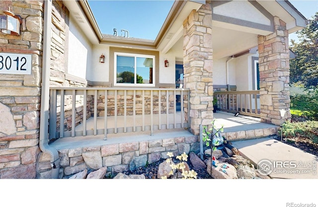 8012 N Louden Crossing Ct, Windsor, CO 80528 - doorway to property with covered porch, stucco siding, and stone siding