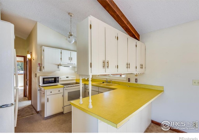 kitchen featuring white appliances, white cabinetry, vaulted ceiling with beams, decorative light fixtures, and kitchen peninsula