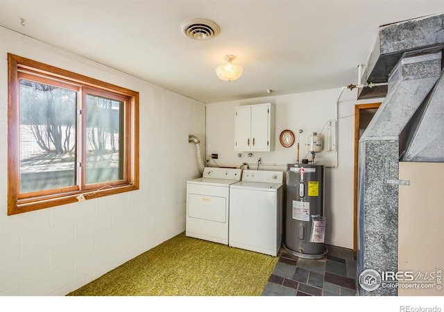 laundry room featuring cabinets, electric water heater, and washer and clothes dryer