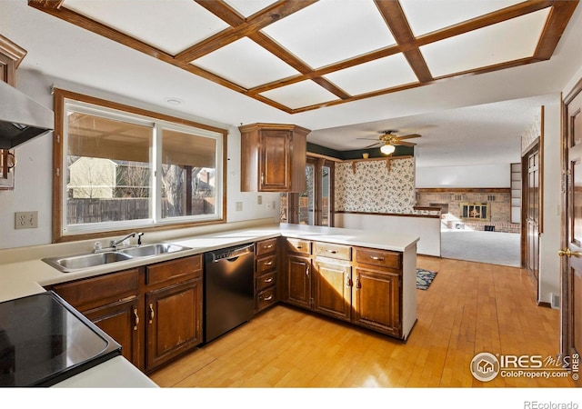 kitchen featuring sink, range with electric stovetop, black dishwasher, kitchen peninsula, and light hardwood / wood-style floors