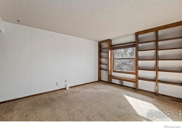 interior space with light colored carpet and a textured ceiling