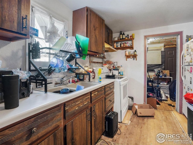 kitchen featuring sink, light wood-type flooring, and white electric range oven