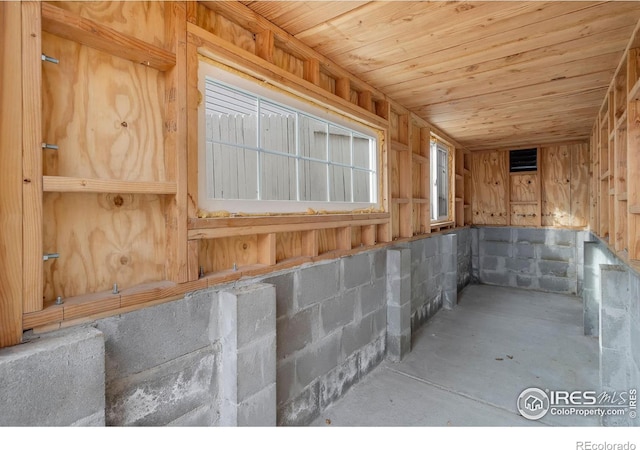 basement featuring wooden ceiling