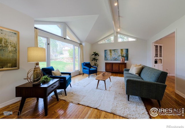 living area featuring lofted ceiling, baseboards, hardwood / wood-style flooring, and track lighting