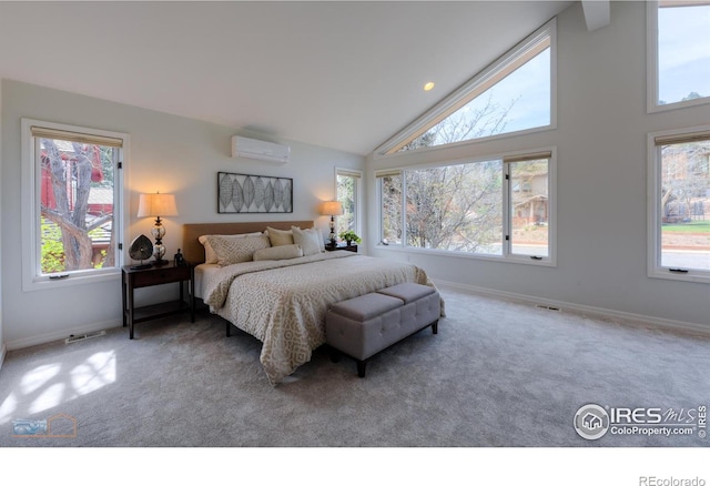 carpeted bedroom featuring an AC wall unit, high vaulted ceiling, visible vents, and baseboards