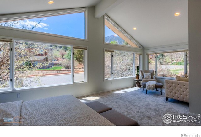 sunroom with vaulted ceiling with beams