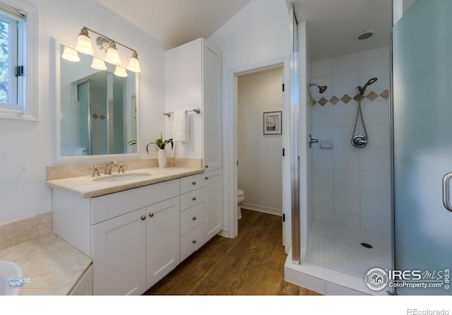 bathroom featuring vanity, a stall shower, wood finished floors, and toilet