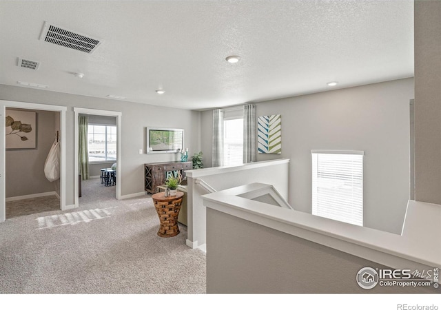 hall featuring a healthy amount of sunlight, light carpet, and a textured ceiling