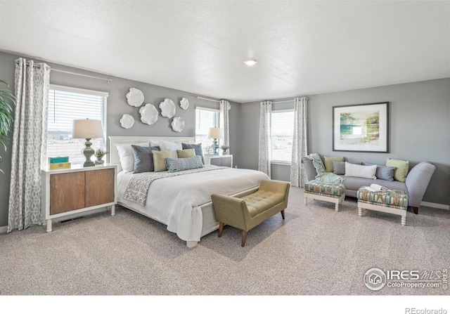 bedroom with carpet and a textured ceiling