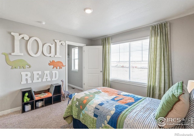 carpeted bedroom with multiple windows