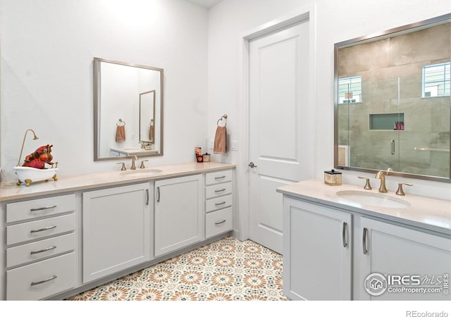 bathroom featuring vanity and a shower with shower door