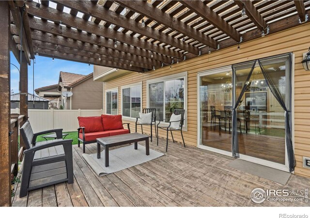 deck featuring outdoor lounge area and a pergola