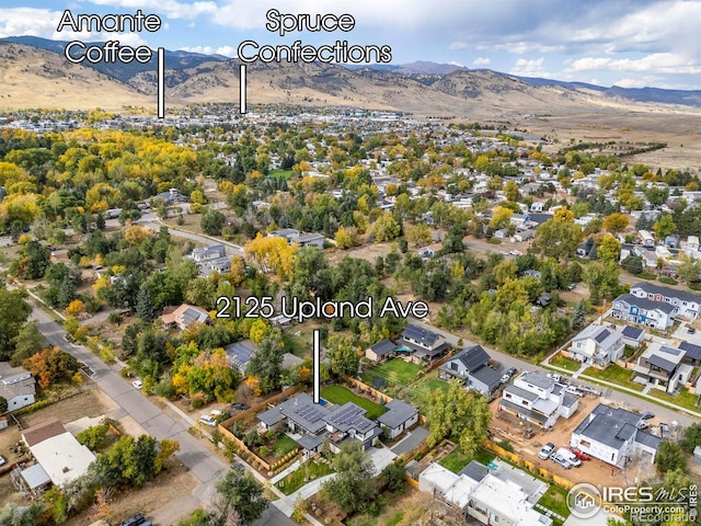 drone / aerial view featuring a residential view and a mountain view