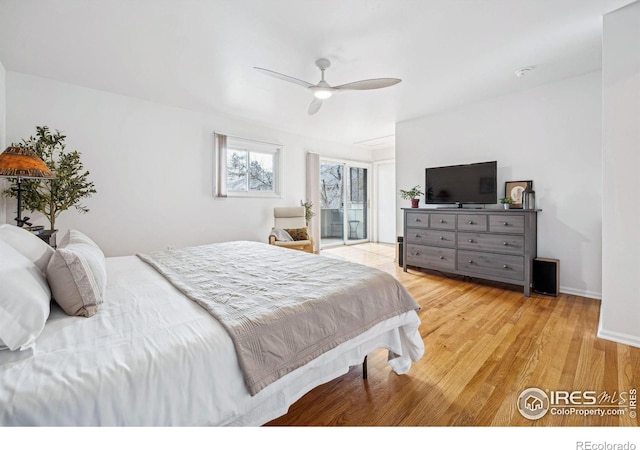 bedroom featuring ceiling fan and light hardwood / wood-style floors