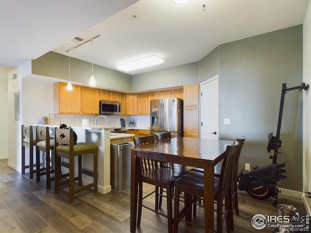 kitchen with pendant lighting, backsplash, stainless steel appliances, dark hardwood / wood-style floors, and kitchen peninsula