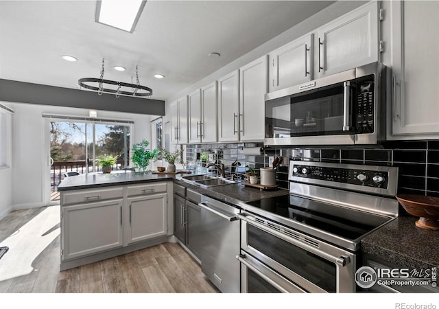 kitchen with sink, decorative backsplash, light hardwood / wood-style floors, kitchen peninsula, and stainless steel appliances