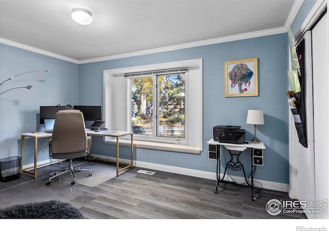 office featuring crown molding and hardwood / wood-style floors