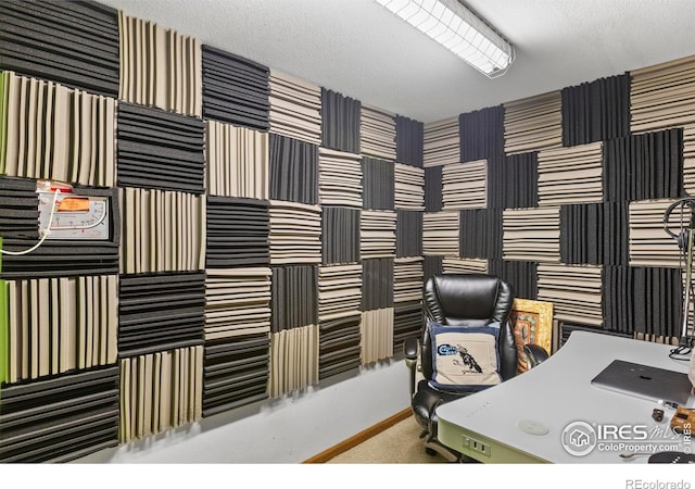 carpeted home office with a textured ceiling