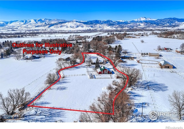 snowy aerial view with a mountain view