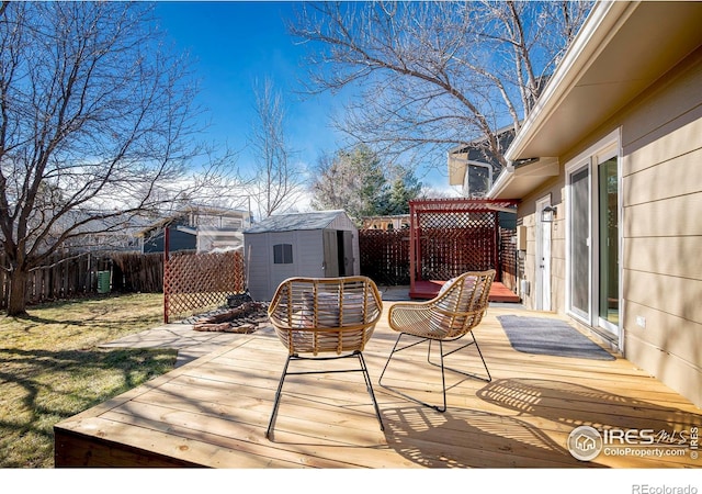 wooden deck with a storage unit