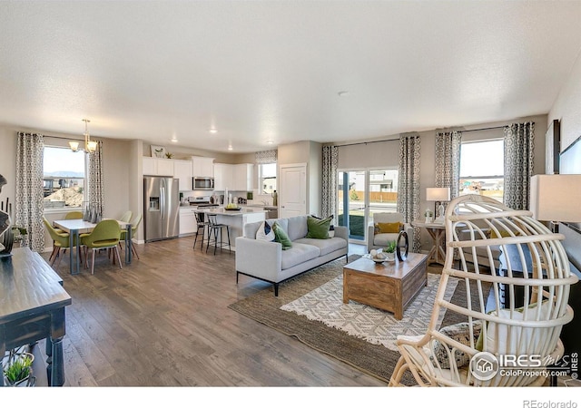 living room featuring an inviting chandelier, hardwood / wood-style flooring, and a textured ceiling