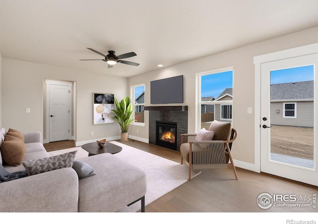 7172 Feather Reed Dr, Wellington, CO 80549 - living area featuring baseboards, ceiling fan, wood finished floors, recessed lighting, and a glass covered fireplace