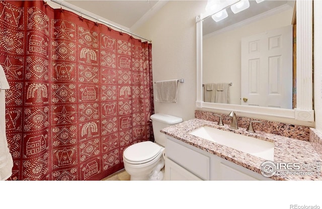 bathroom featuring ornamental molding, vanity, and toilet