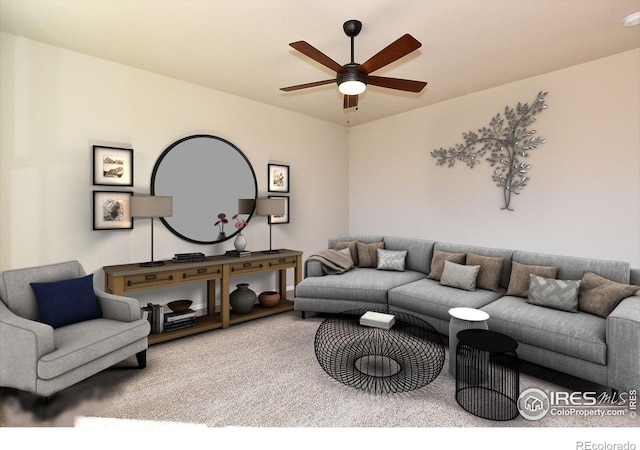 living room with carpet and ceiling fan