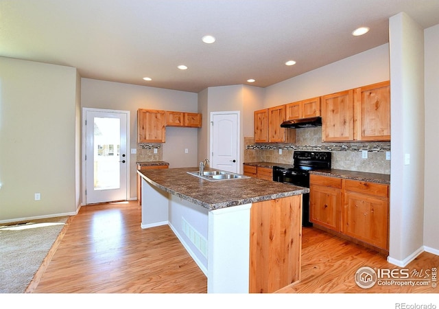 kitchen with a center island with sink, sink, black electric range, and light hardwood / wood-style floors