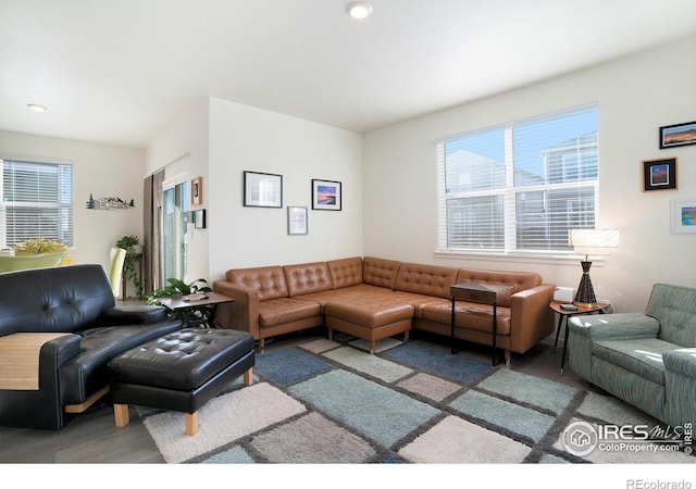 living room with plenty of natural light and wood finished floors