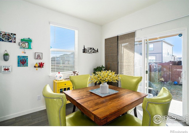 dining space featuring baseboards and dark wood finished floors