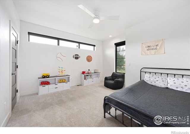 bedroom featuring recessed lighting, carpet flooring, ceiling fan, and baseboards