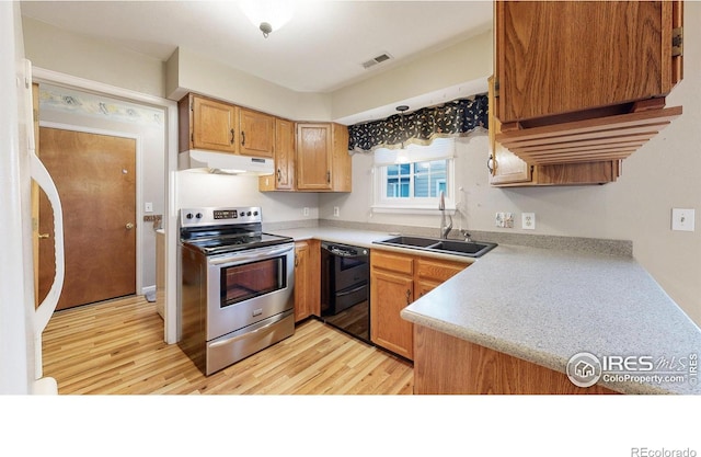 kitchen with dishwasher, sink, light wood-type flooring, and stainless steel range with electric stovetop