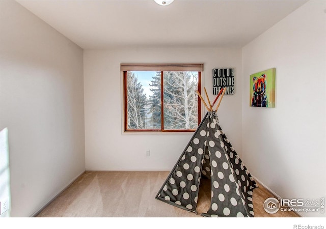 game room featuring light colored carpet