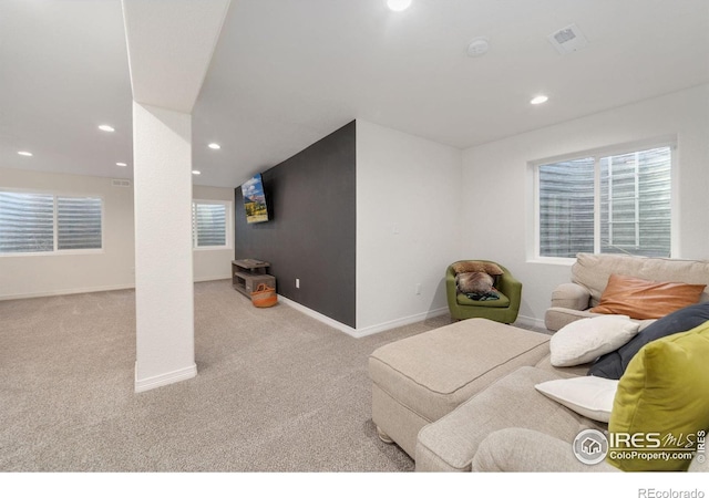 bedroom with carpet, baseboards, and recessed lighting