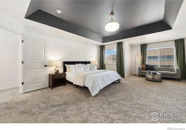 carpeted bedroom featuring a raised ceiling, a textured ceiling, and baseboards