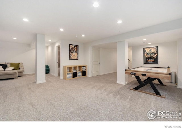 recreation room featuring baseboards, carpet, and recessed lighting