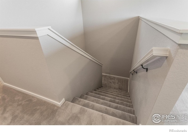 stairs with baseboards and carpet floors