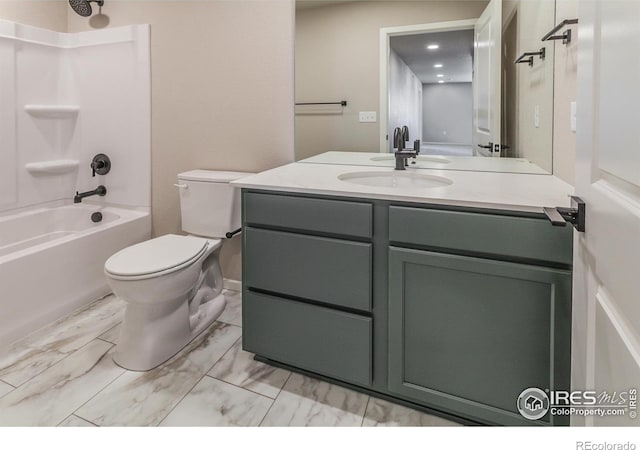 full bathroom featuring shower / bathtub combination, toilet, marble finish floor, and vanity