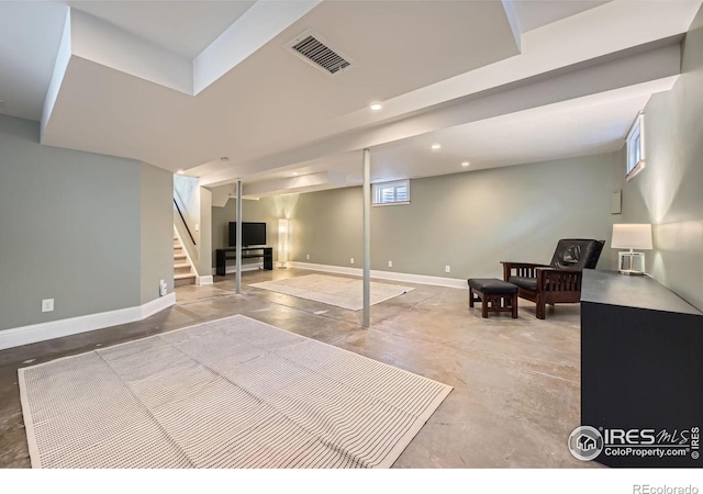 interior space with recessed lighting, visible vents, baseboards, and stairs