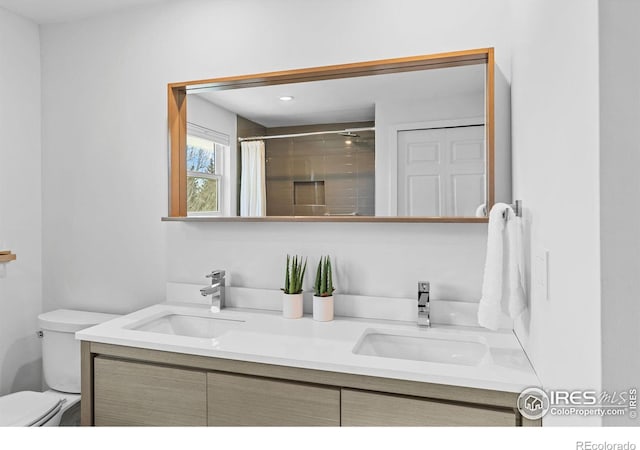 bathroom featuring vanity, curtained shower, and toilet