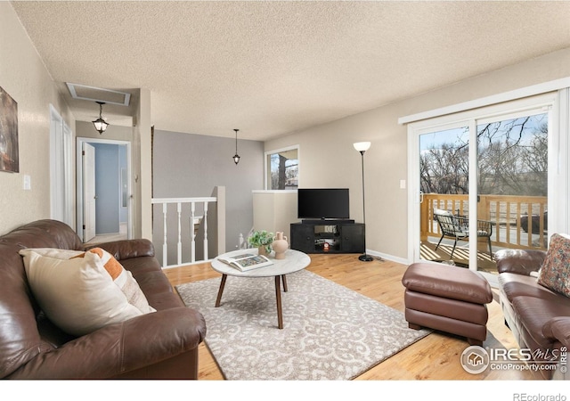 living room with hardwood / wood-style flooring and a textured ceiling