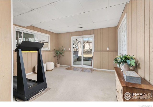 workout room featuring carpet floors and wooden walls