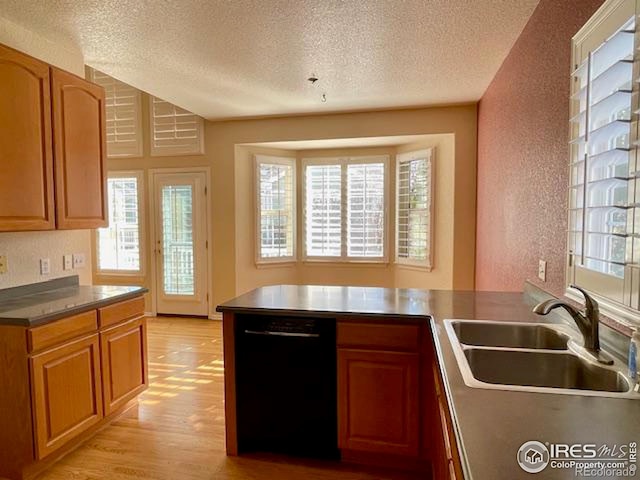 kitchen with sink, a textured ceiling, dishwasher, and light wood-type flooring