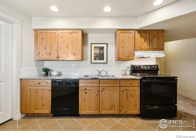 1005 Laporte Ave, Fort Collins, CO 80521 - kitchen featuring sink, backsplash, black appliances, and light tile patterned flooring
