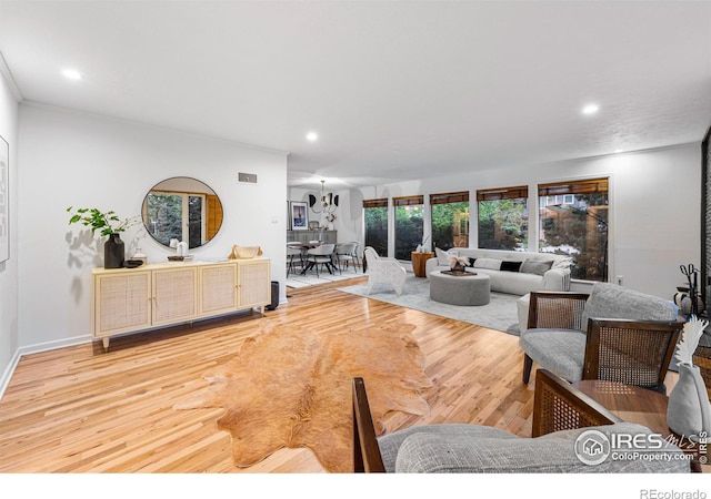 living room with crown molding and hardwood / wood-style floors