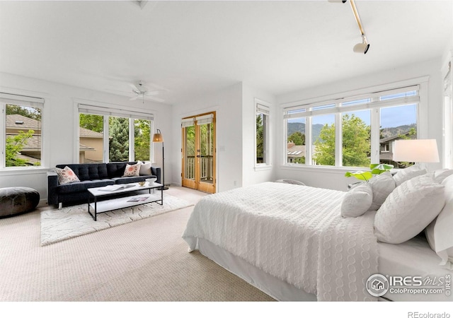 carpeted bedroom featuring track lighting, access to exterior, and multiple windows