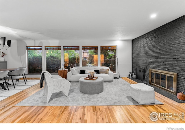 living room featuring a large fireplace and light hardwood / wood-style flooring